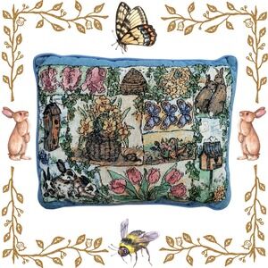 VTG Cottagecore Tapestry‎ Needlepoint Throw Pillow Garden Bees Bunny Flowers